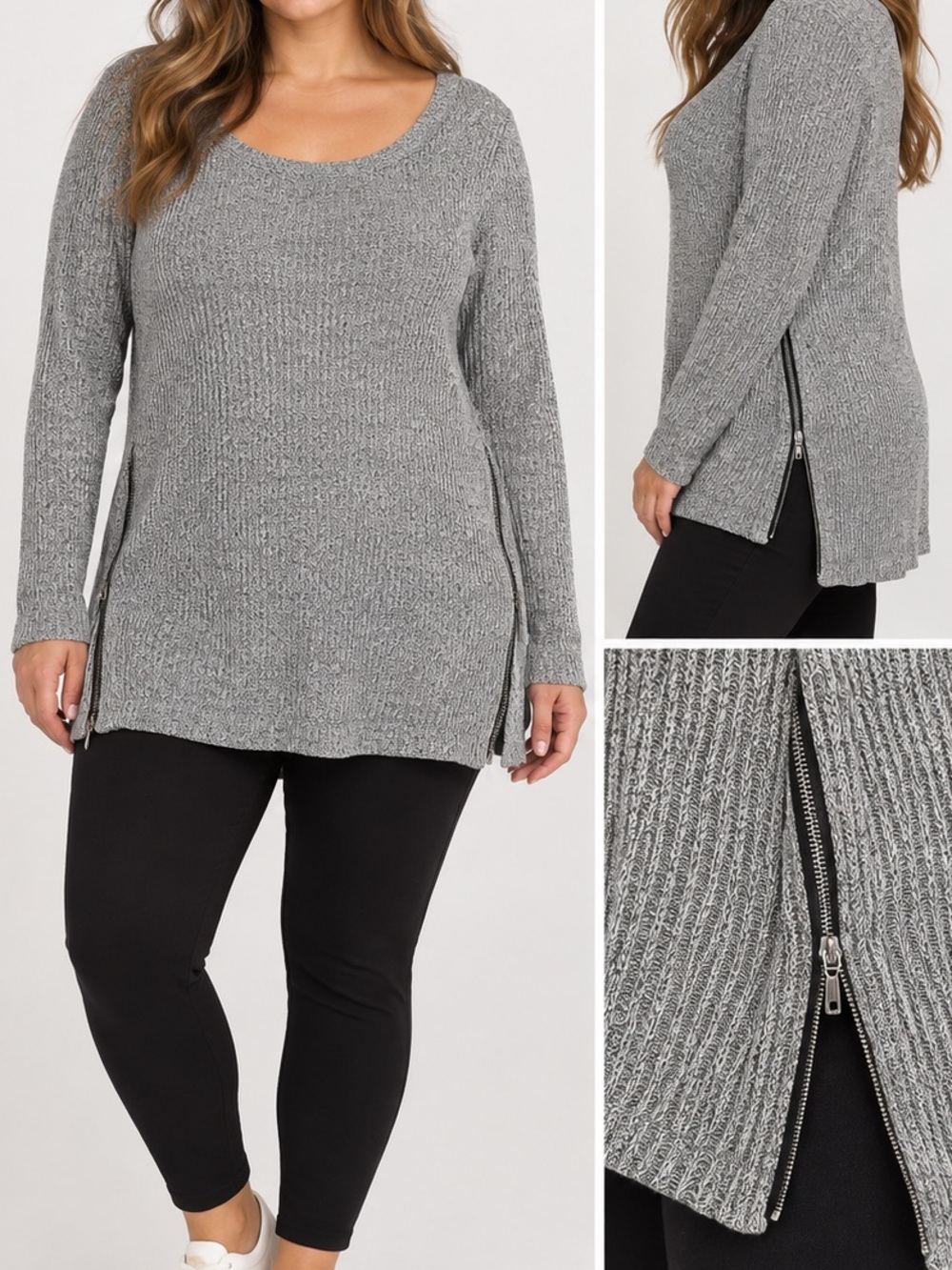 RACHEL Rachel Roy Sweater 2X Gray Ribbed Knit Side Zip Tunic Plus Size